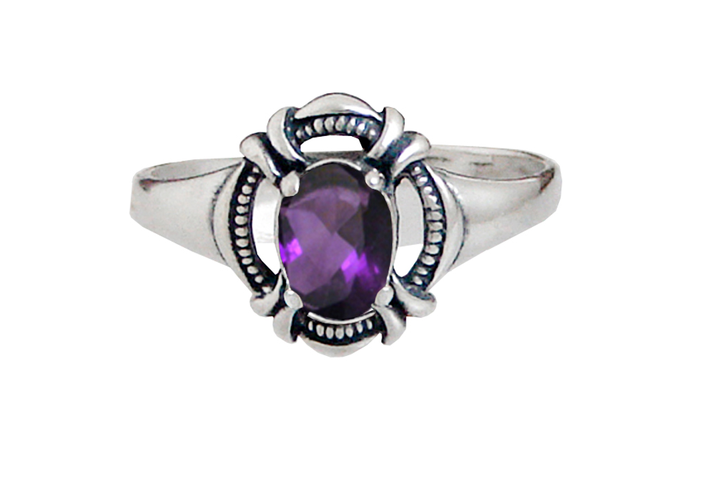 Sterling Silver Elegant Victorian Ring With Faceted Amethyst Size 5